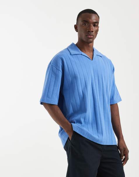 ASOS DESIGN – Blå, bredribbad pikétröja i oversized fit med platt krage - view 1