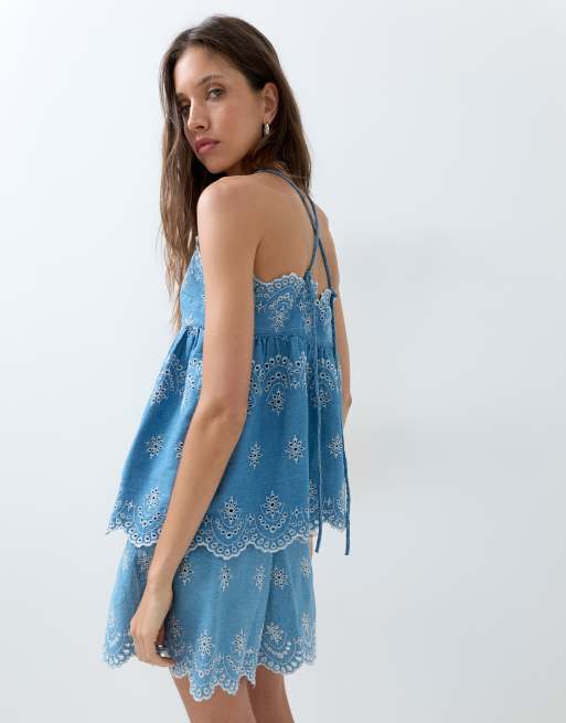 ASOS DESIGN - Blå broderet cami-top i denim - Del af sæt, 5 af 5