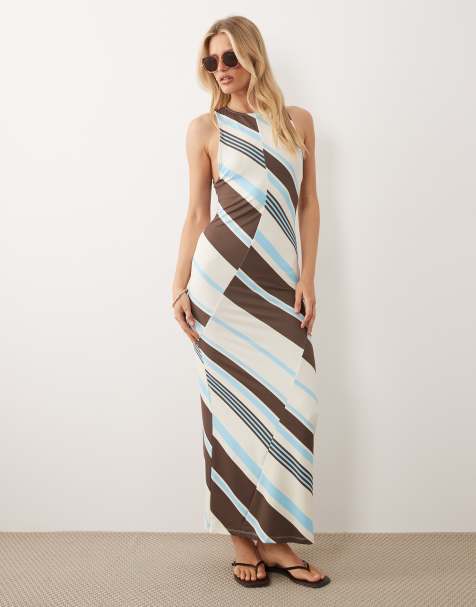 ASOS DESIGN – Blå, brun och gräddvit, randig, ärmlös maxiklänning - view 1