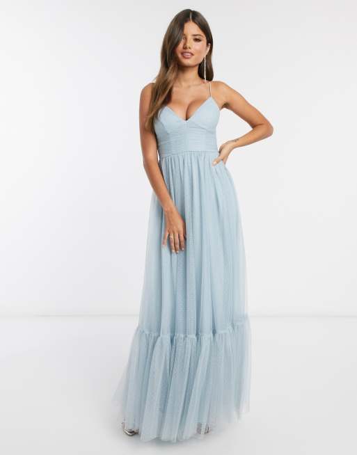 ASOS DESIGN - Blå cami-maxikjole med pepkant i prikket tyl-mesh