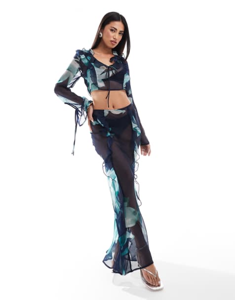 ASOS DESIGN - Blå chiffon-maxinederdel med abstrakt blomsterprint - Del af sæt - view 1