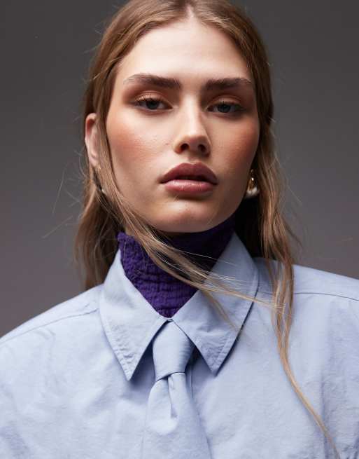ASOS DESIGN - Blå cropped skjorte med slips i nylon i firkantet pasform, 3 af 4