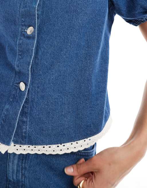ASOS DESIGN - Blå denimtop med pufærmer og kantbroderier - Del af sæt, 3 af 4