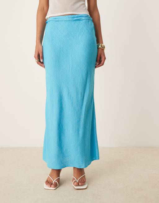 ASOS DESIGN – Blå, diagonalskuren maxikjol i linnemix, 4 av 5
