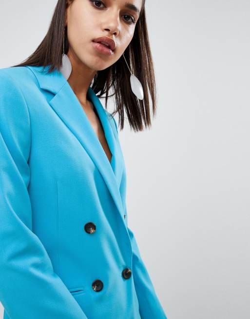 ASOS DESIGN – Blå dubbelknäppt kavaj i figursydd, extra lång modell, 3 av 4