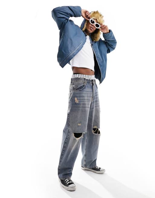 ASOS DESIGN - Blå ekstremt oversized bomber-jakke med forvasket design