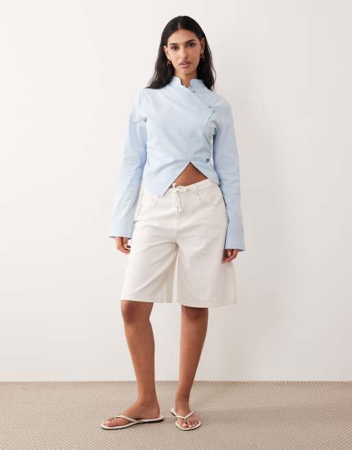 ASOS DESIGN – Blå, figurnära skjorta med kinakrage och indragen detalj, 2 av 4
