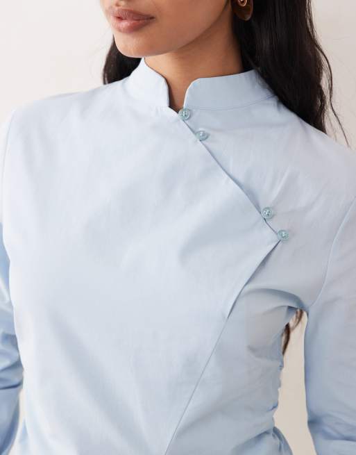 ASOS DESIGN – Blå, figurnära skjorta med kinakrage och indragen detalj, 3 av 4