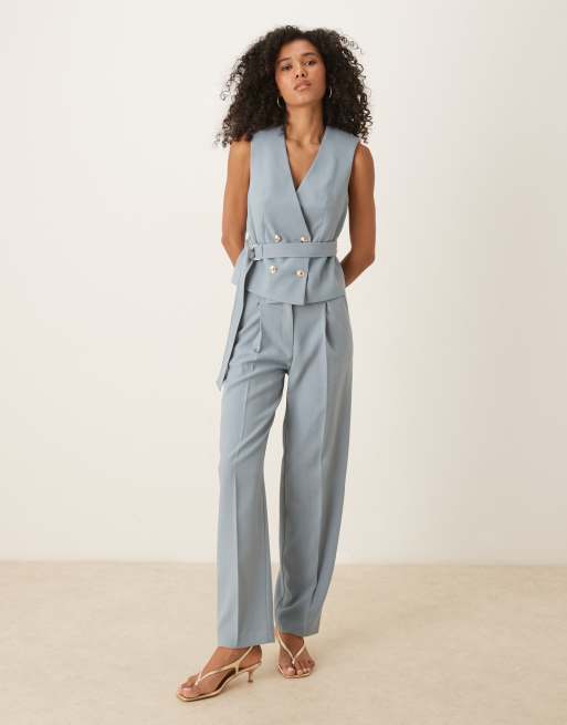 ASOS DESIGN – Blå, figursydd kostymväst med knytning i linnelook, del av set, 2 av 4