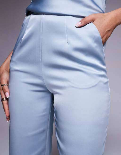 ASOS DESIGN – Blå, figursydda byxor i satin med raka ben, del av set, 2 av 5