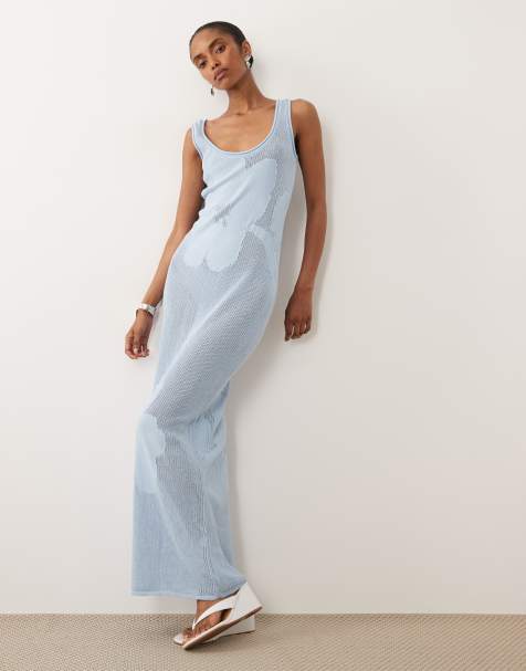 ASOS DESIGN – Blå, finstickad maxiklänning med blommönster - view 1