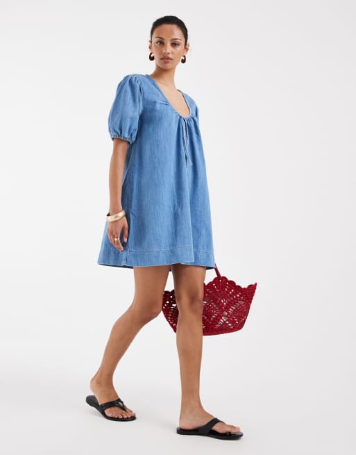 ASOS DESIGN - Blå forvasket minikjole med pufærmer, 2 af 4