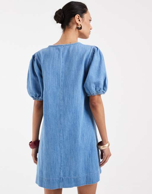 ASOS DESIGN - Blå forvasket minikjole med pufærmer, 4 af 4