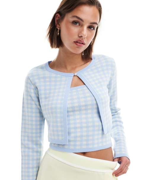 ASOS DESIGN – Blå ginghamrutig kofta i kort design med slits framtill, del av set - view 1