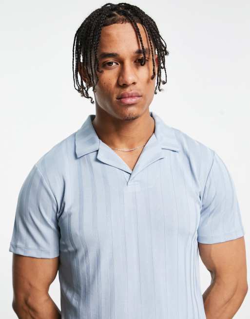 ASOS DESIGN – Blå, glansig, ribbad pikétröja med platt krage