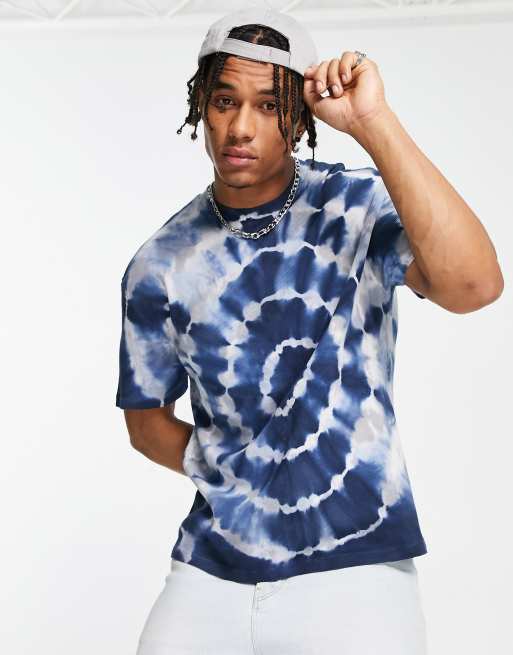 ASOS DESIGN – Blå, grå och batikmönstrad t-shirt med avslappnad passform