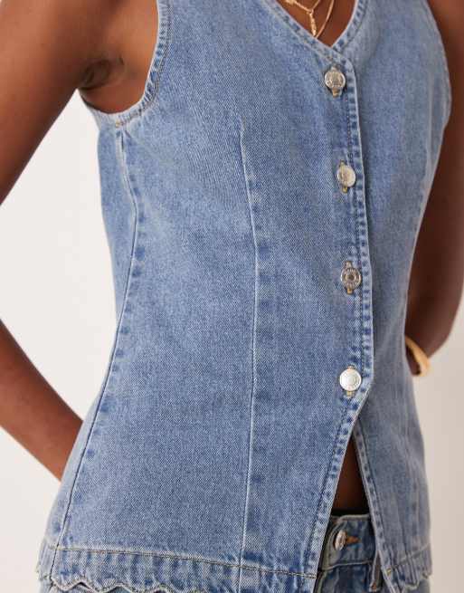 ASOS DESIGN - Blå habitvest i denim med muslingekant og knapper, 4 af 4