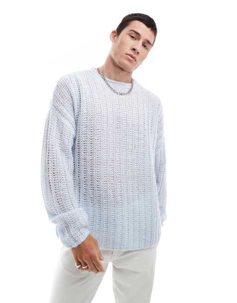ASOS DESIGN – Blå, hålstickad, ribbad tröja i oversize med borstad finish - view 1