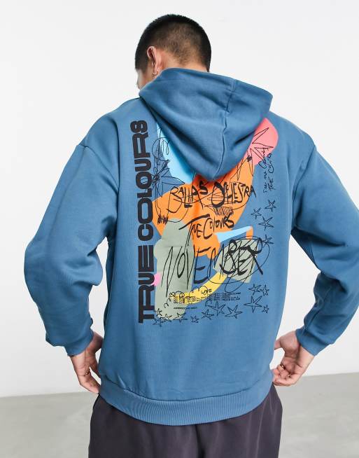 ASOS DESIGN – Blå huvtröja i oversize med konsttryck baktill och puffat tryck framtill