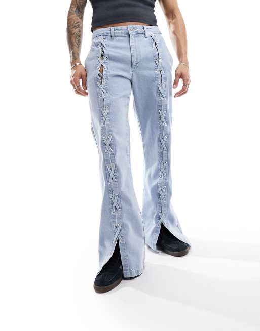 ASOS DESIGN - Blå jeans i lys vask med snøredetalje og brede ben med svaj, 3 af 5
