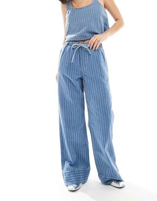 ASOS DESIGN – Blå jeans med broderade ränder, vida ben och knytning framtill, 2 av 4
