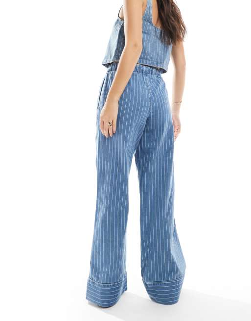 ASOS DESIGN – Blå jeans med broderade ränder, vida ben och knytning framtill, 3 av 4