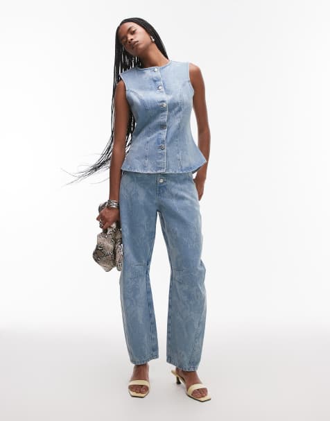 ASOS DESIGN - Blå jeans med tøndeformede ben og blomstermønster - view 1
