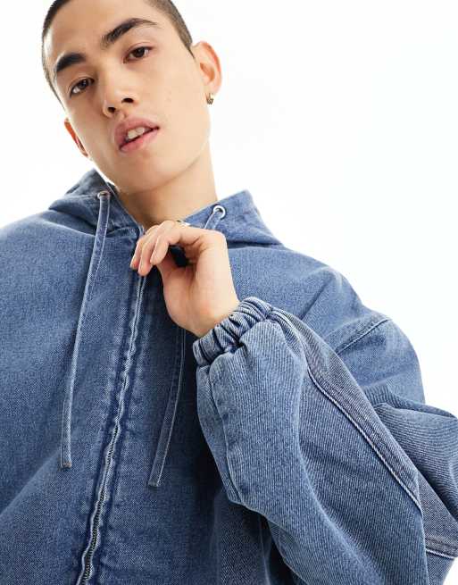 ASOS DESIGN – Blå jeansjacka i extra oversize med huva och mellanljus tvätt, 2 av 4