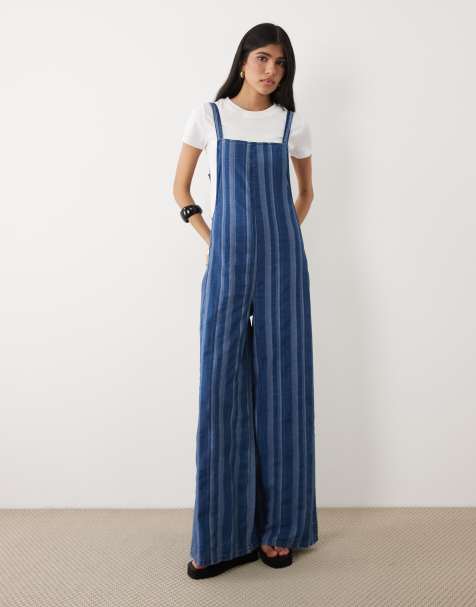 ASOS DESIGN - Blå jumpsuit i blød denim med brede ben og striber - view 1