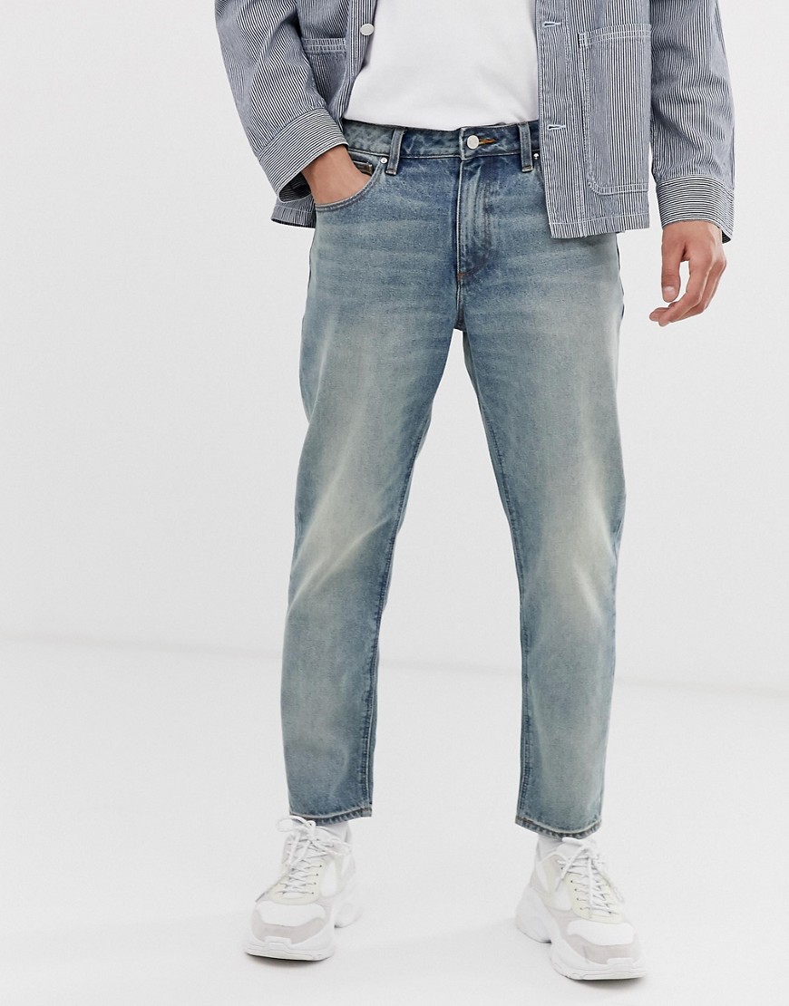 ASOS DESIGN – Blå, klassiska, styva jeans i vintage, smutsig tvätt