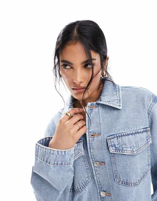 ASOS DESIGN – Blå, kort jeansskjorta i mellanljus tvätt, 4 av 4