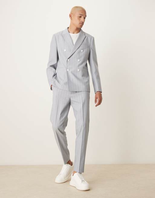 ASOS DESIGN – Blå, kritstrecksrandig kavaj i linne med smal passform, del av kostym, 2 av 5