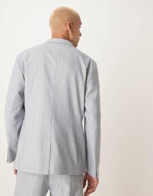 ASOS DESIGN – Blå, kritstrecksrandig kavaj i linne med smal passform, del av kostym, 4 av 5