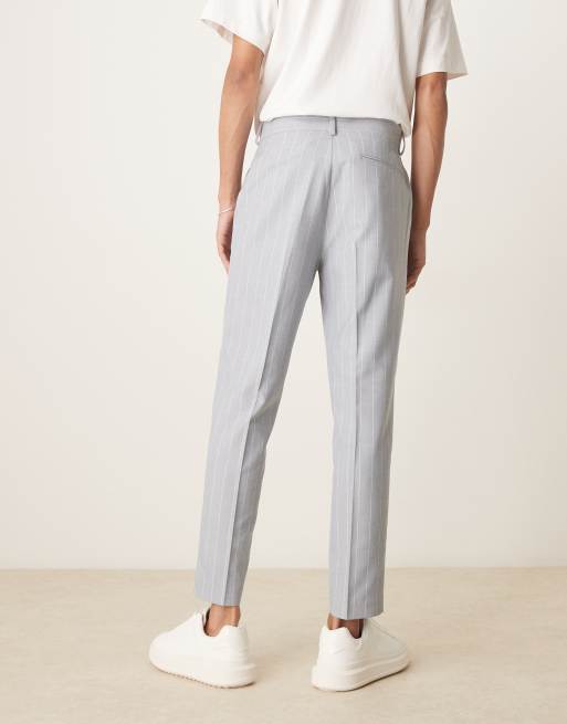 ASOS DESIGN – Blå, kritstrecksrandig kostymbyxa i linne med avsmalnande ben, 3 av 5