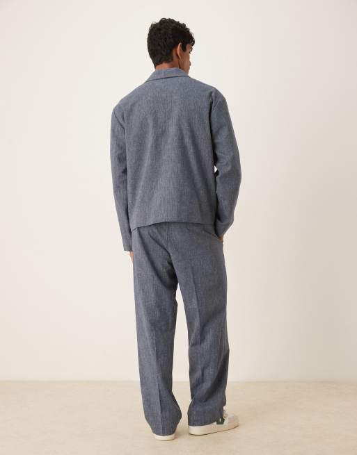 ASOS DESIGN – Blå, kritstrecksrandiga kostymbyxor i linne med vida ben och resår i midjan, del av kostym, 4 av 5