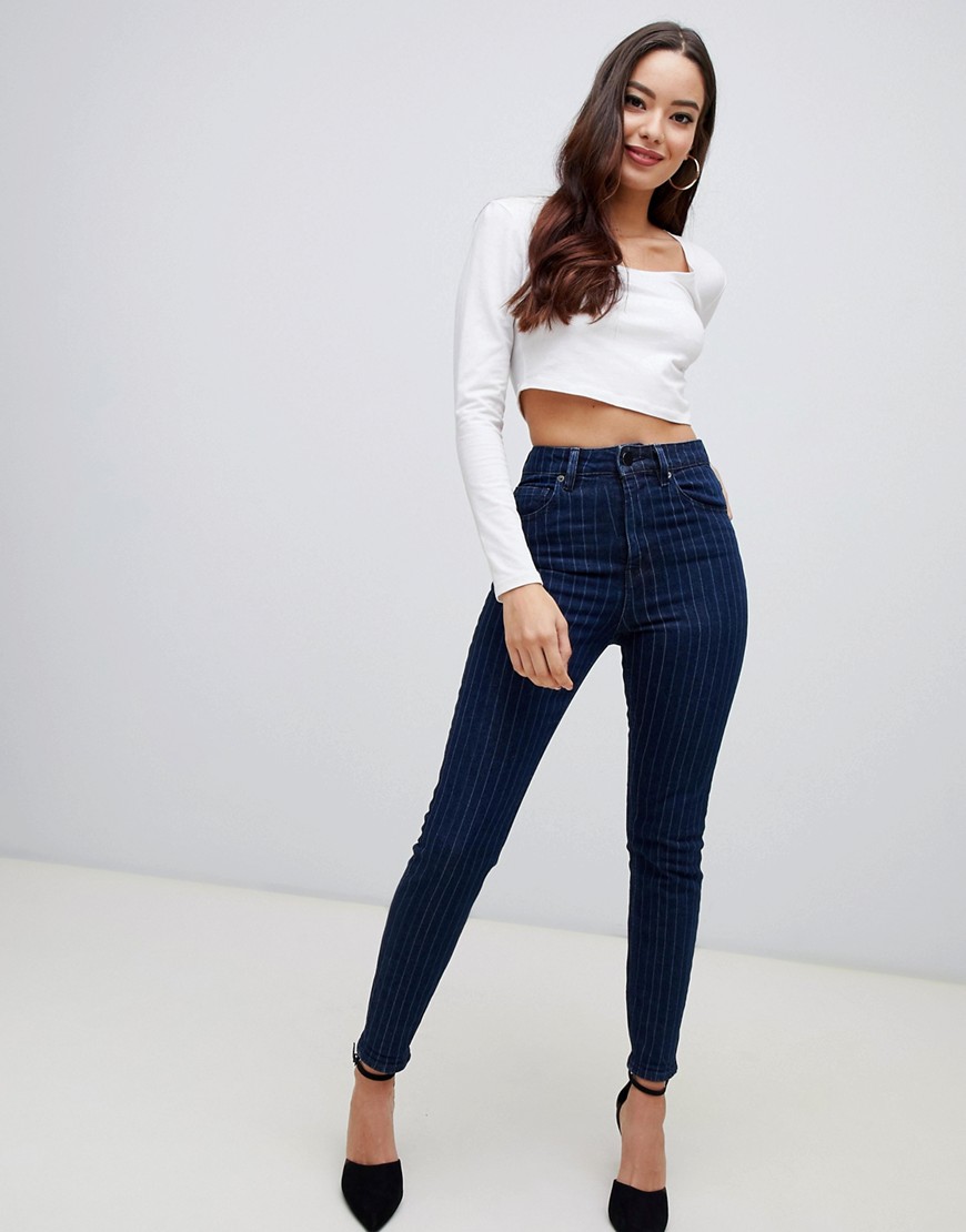 ASOS DESIGN – Blå kritstrecksrandiga skinny jeans med extra hög midja i återvunnet tyg