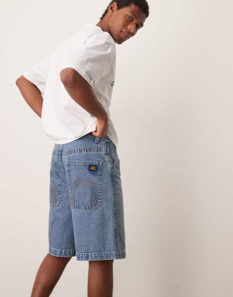 ASOS DESIGN – Blå, långa jeansshorts med broderade fickor och ljus tvätt - view 1