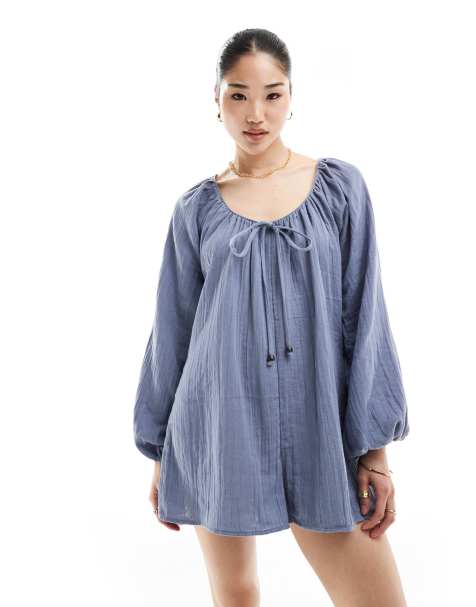 ASOS DESIGN – Blå, långärmad playsuit med pärldetalj - view 1