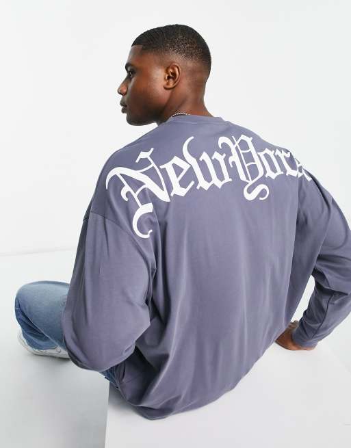 ASOS DESIGN – Blå långärmad t-shirt i oversize med New York-tryck baktill