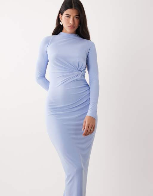 ASOS DESIGN - Blå langærmet maxikjole i mesh med snoet brystdetalje og halterneck, 3 af 4