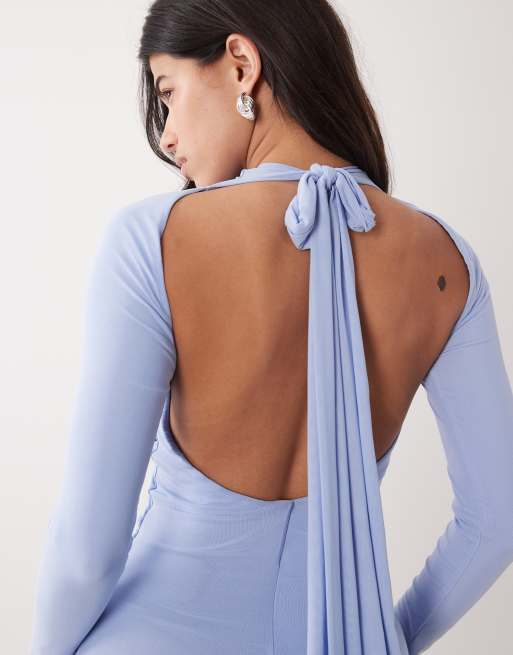 ASOS DESIGN - Blå langærmet maxikjole i mesh med snoet brystdetalje og halterneck, 4 af 4