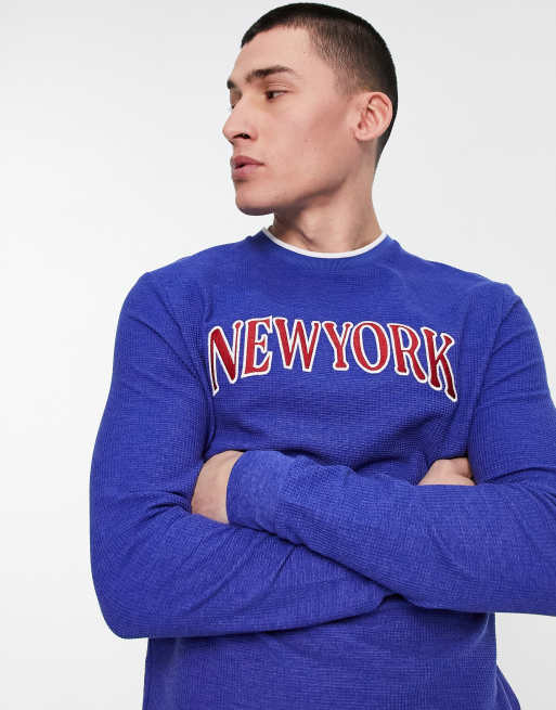 ASOS DESIGN - Blå langærmet T-shirt med 'New York'-print og vaffeltekstur