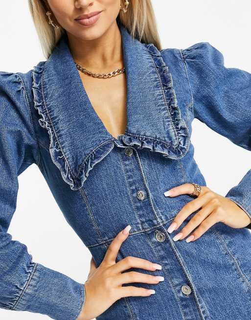 ASOS DESIGN – Blå ljustvättad kort jeansklänning i minimodell med volangkrage, 3 av 4