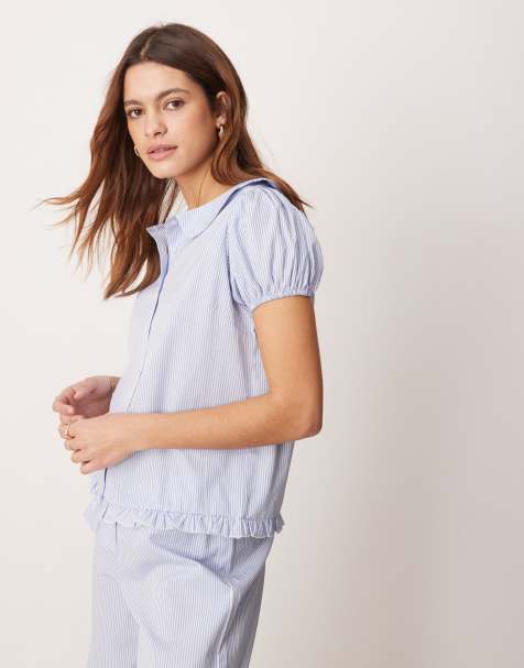 ASOS DESIGN - Blå lounge-pyjamasbluse med Peter Pan-krave og striber - view 1
