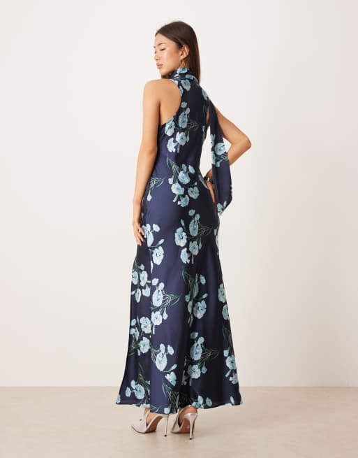 ASOS DESIGN - Blå maxikjole i satin uden ærmer med tørklædedetalje og blomstermønster, 3 af 4