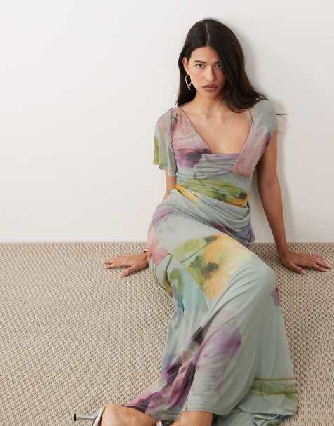 ASOS DESIGN - Blå maxikjole med asymmetriske ærmer og draperinger i mesh med blomsterprint - view 1