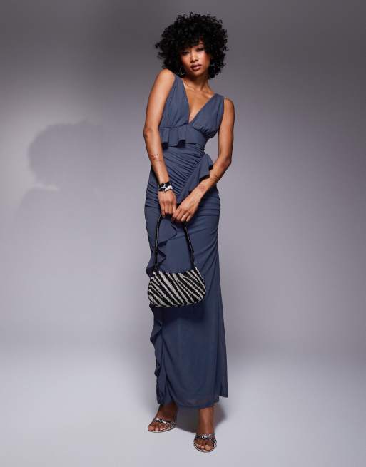 ASOS DESIGN - Blå maxikjole med dyb udskæring, asymmetriske flæser og stretch i chiffon, 2 af 4