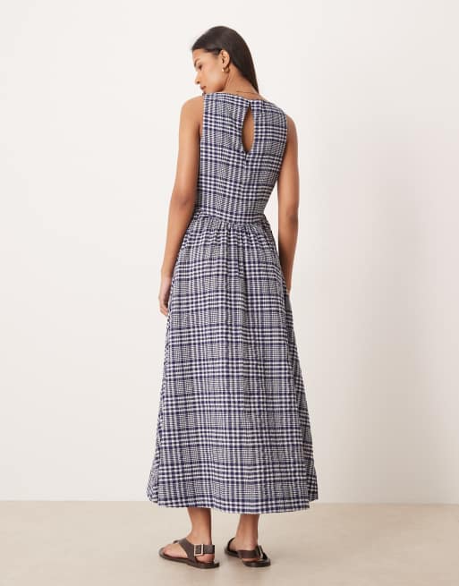 ASOS DESIGN - Blå maxikjole med indsyet talje og V-hals og sømdetaljer i gingham-tern, 2 af 4