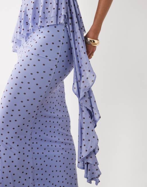 ASOS DESIGN - Blå maxikjole med rynker og flæsedetaljer i mesh med polkaprikker, 3 af 4