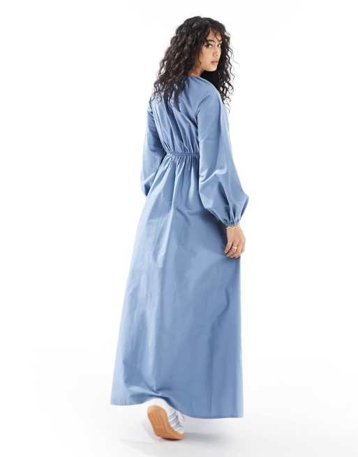 ASOS DESIGN - Blå maxikjole med rynket detalje ved brystet i bomuldspoplin, 4 af 4